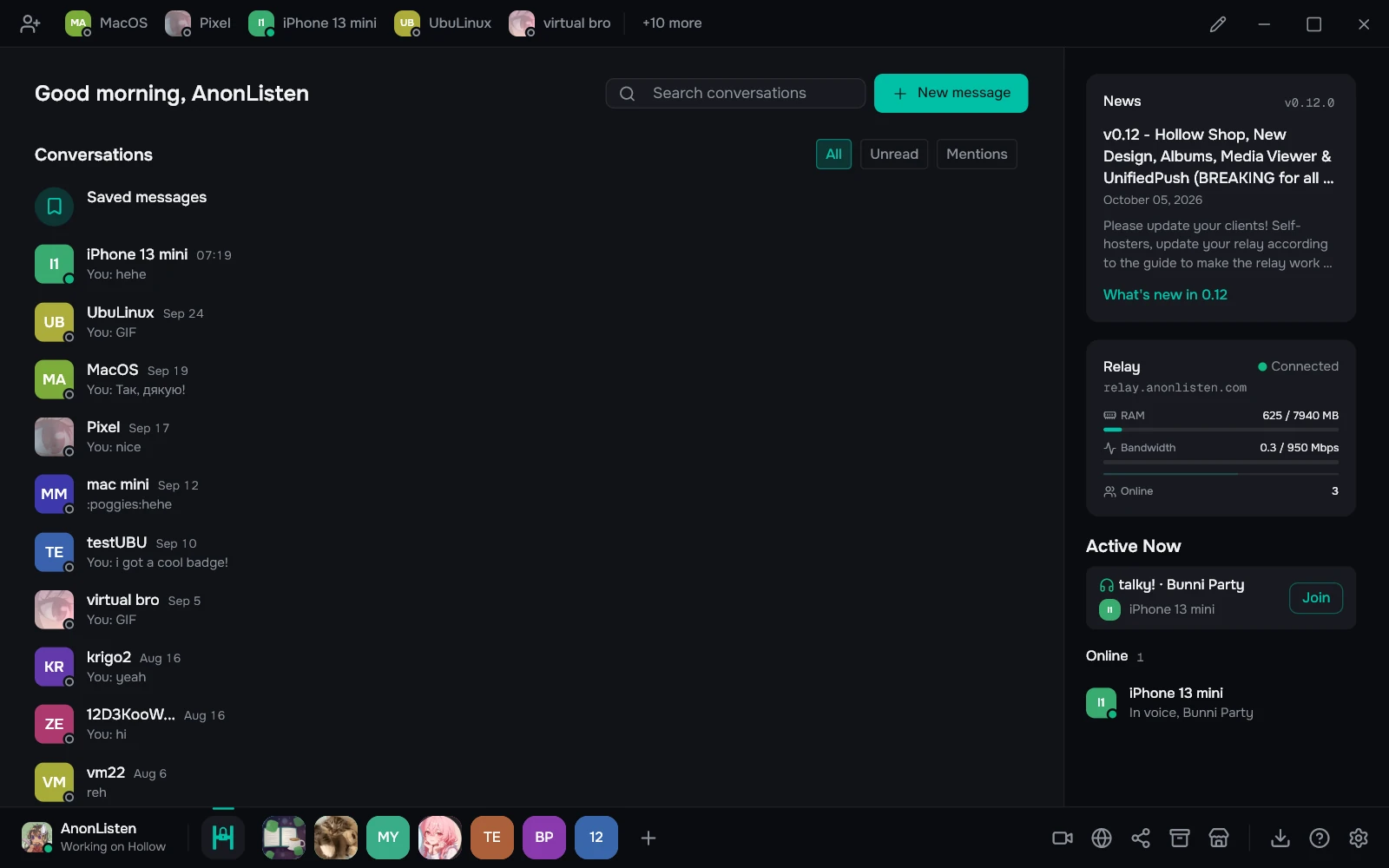 The Hollow desktop app on its Home screen: a list of conversations, a news card, the relay status and who is in a voice room
