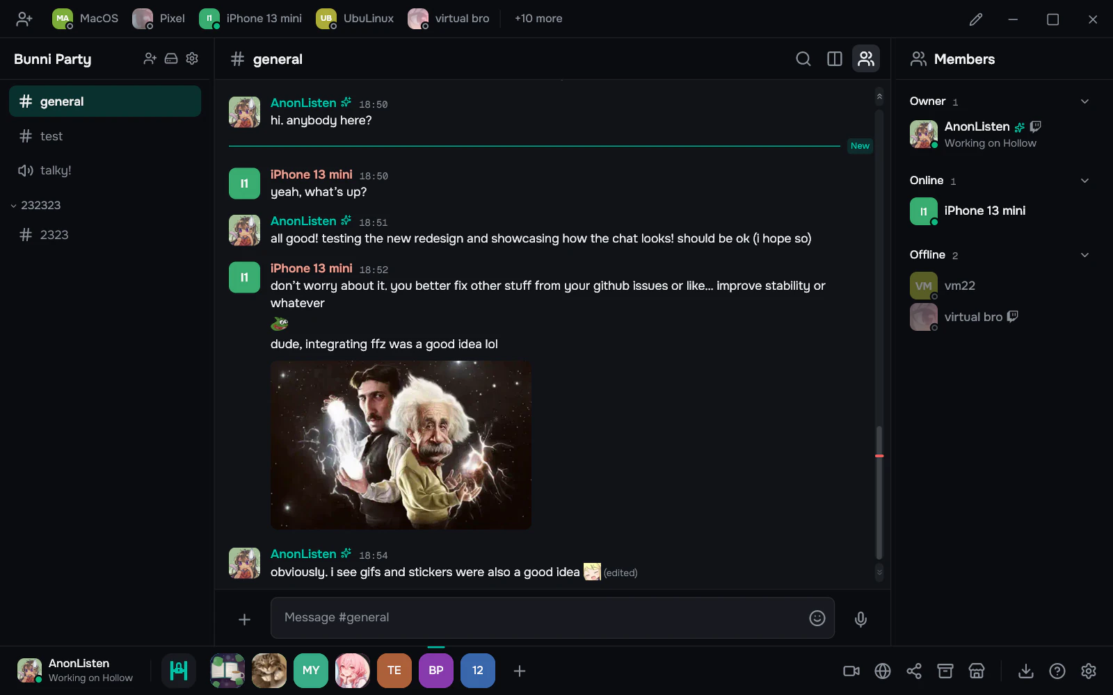 A Hollow server on desktop, with its channels on the left, a chat with a GIF in the middle and the member list on the right