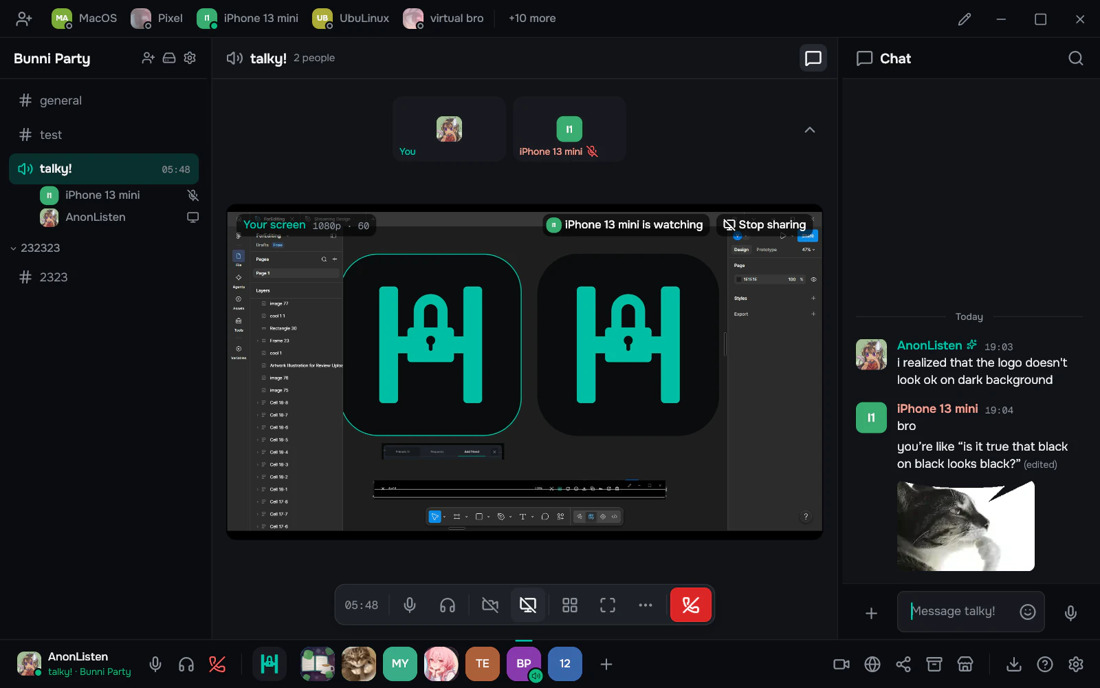 A Hollow voice channel with two people, one sharing their screen while the other watches, and the channel chat beside it